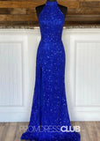 Kimberley |Royal Blue Long Prom Dresses Near Me With High Neck Sequin Mermaid Detachable Train - Royal Blue - US0 - PromDressClub