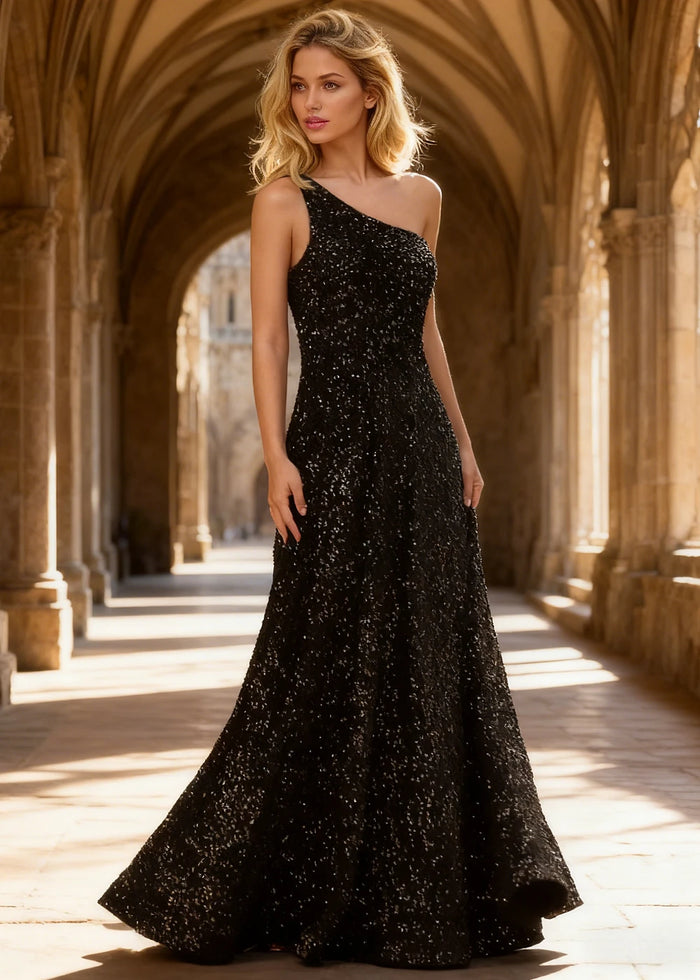 Mara Black Velvet 1 Shoulder Prom Dress | A - Line Asymmetrical Sequin Open Back Gown - US00 - PromDressClub