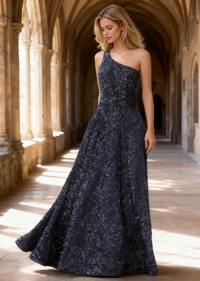 Mara Navy Blue Velvet 1 Shoulder Prom Dress | A - Line Asymmetrical Sequin Open Back Gown - US00 - PromDressClub