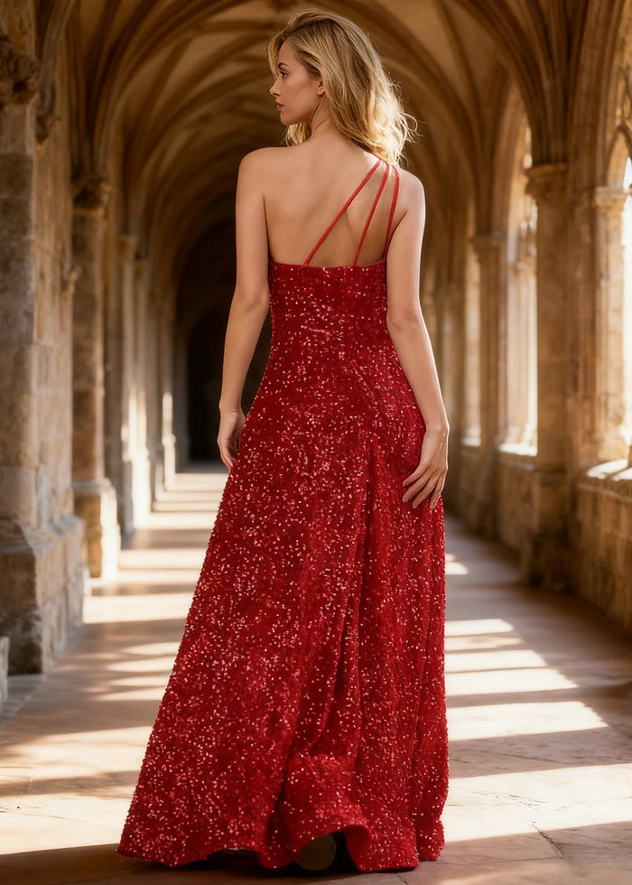 Mara Red Velvet 1 Shoulder Prom Dress | A - Line Asymmetrical Sequin Open Back Gown - US00 - PromDressClub