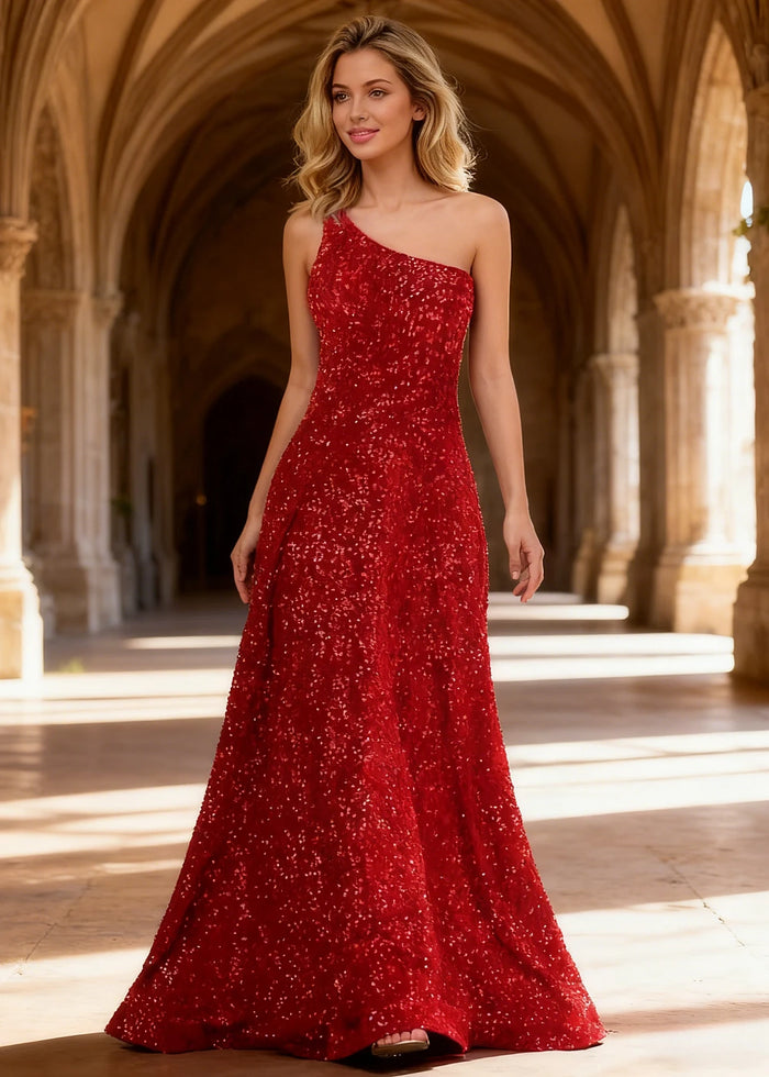 Mara Red Velvet 1 Shoulder Prom Dress | A - Line Asymmetrical Sequin Open Back Gown - US00 - PromDressClub
