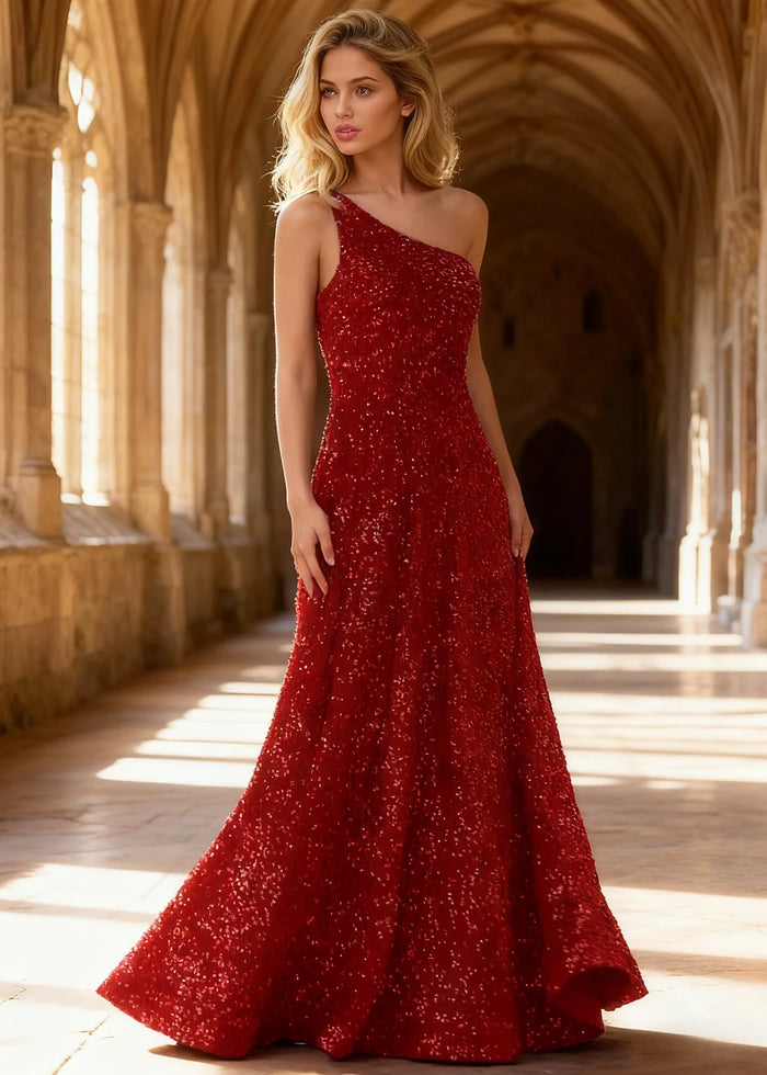 Mara Red Velvet 1 Shoulder Prom Dress | A - Line Asymmetrical Sequin Open Back Gown - US00 - PromDressClub