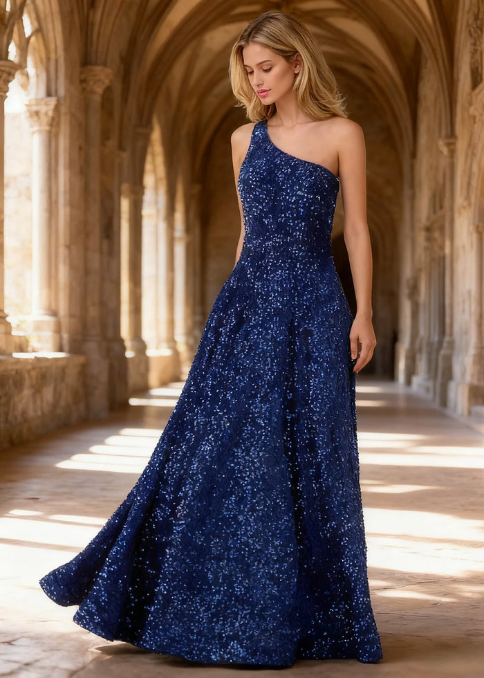 Mara Royal Blue Velvet 1 Shoulder Prom Dress | A - Line Asymmetrical Sequin Open Back Gown - US00 - PromDressClub
