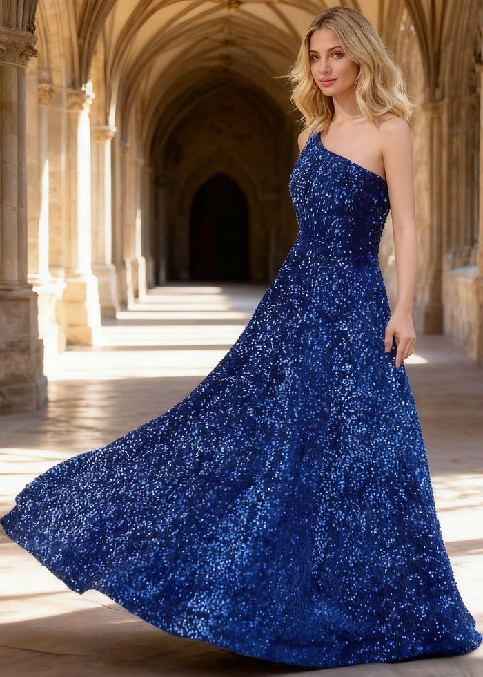 Mara Royal Blue Velvet 1 Shoulder Prom Dress | A - Line Asymmetrical Sequin Open Back Gown - US00 - PromDressClub