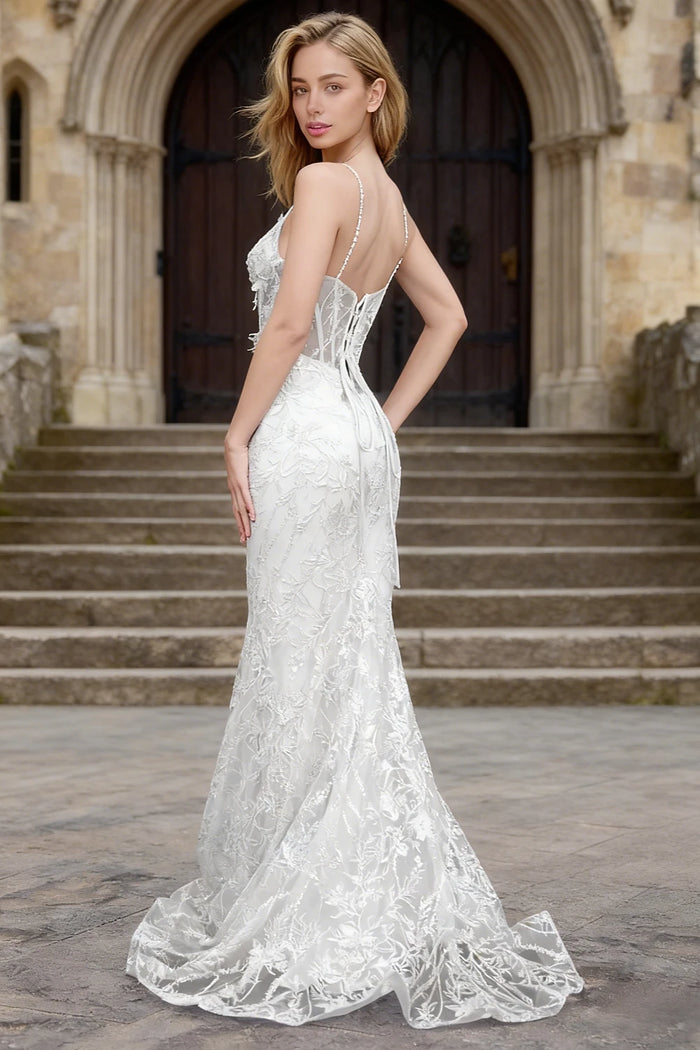 Kira White Glitter Dress Mermaid Prom | Spaghetti Strap Sweetheart Neckline Corset Flower Gown - US0 - PromDressClub