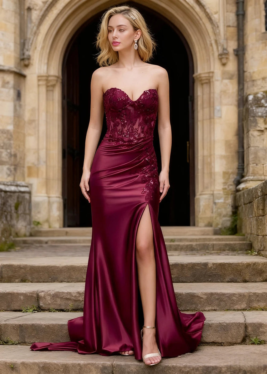Kismet Burgundy Strapless Prom Dress | Mermaid Sweetheart Neckline Lace 3D Floral Pleated Dress Split - US0 - PromDressClub