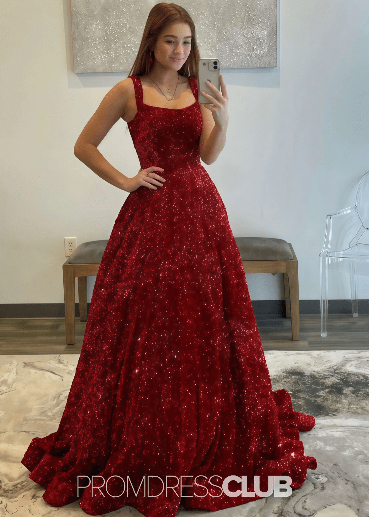 Kitty | A - line Sparkly Dark Red Long Prom Dress - Dark Red - PROMDRESS Club