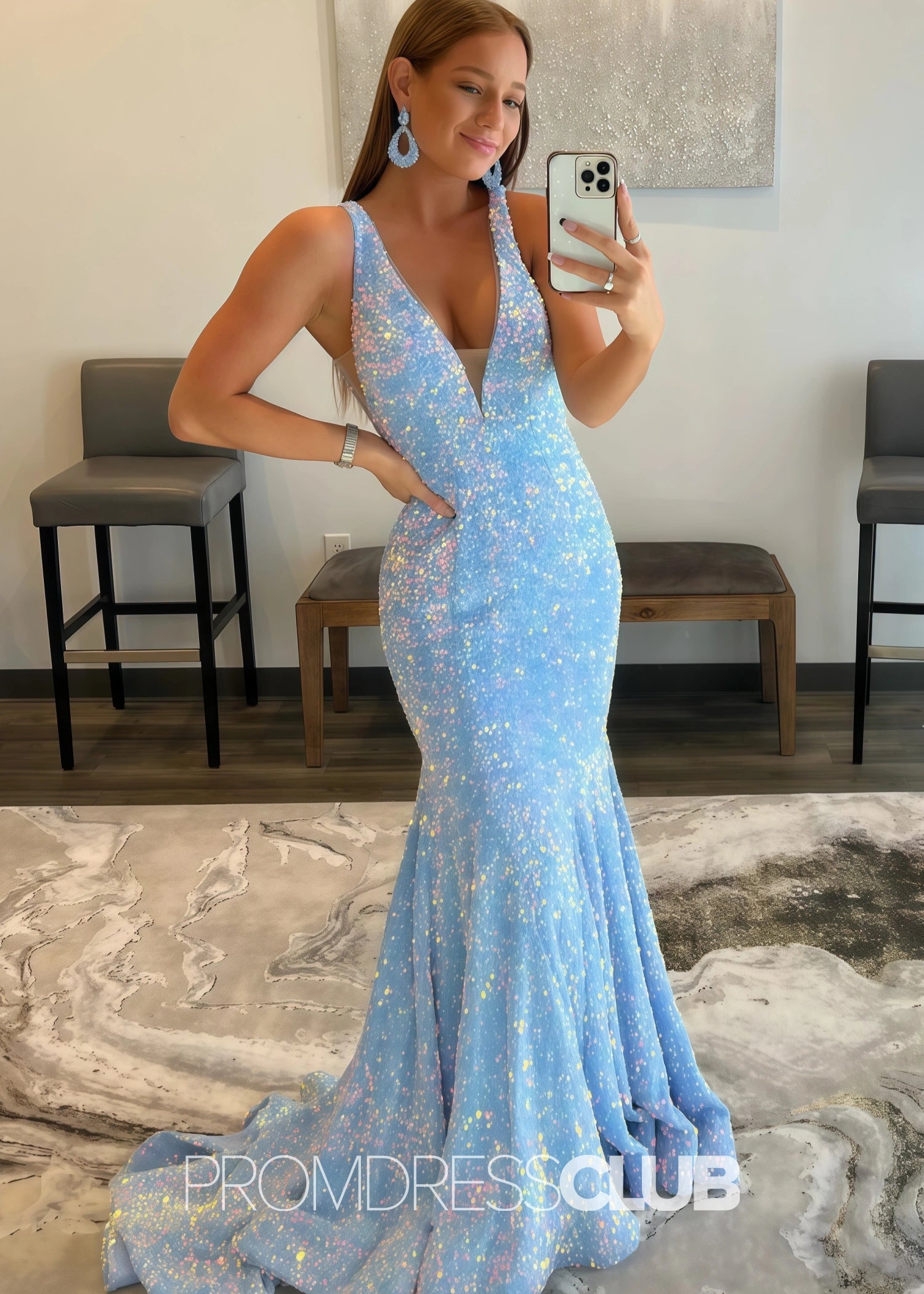 Kitty |Long Light Blue Prom Dresses Near Me With Sequin V Neck Mermaid - Light Blue - US0 - PromDressClub