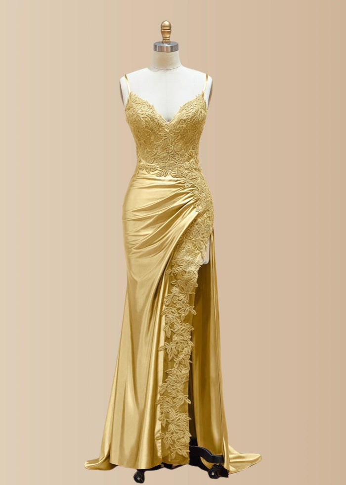 Kristin | Black Prom Dresses Long Mermaid V Neck Lace with High Slit - Gold - PromDressClub