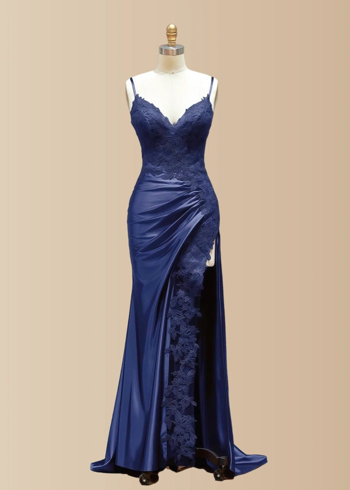 Kristin | Black Prom Dresses Long Mermaid V Neck Lace with High Slit - Navy Blue - PromDressClub