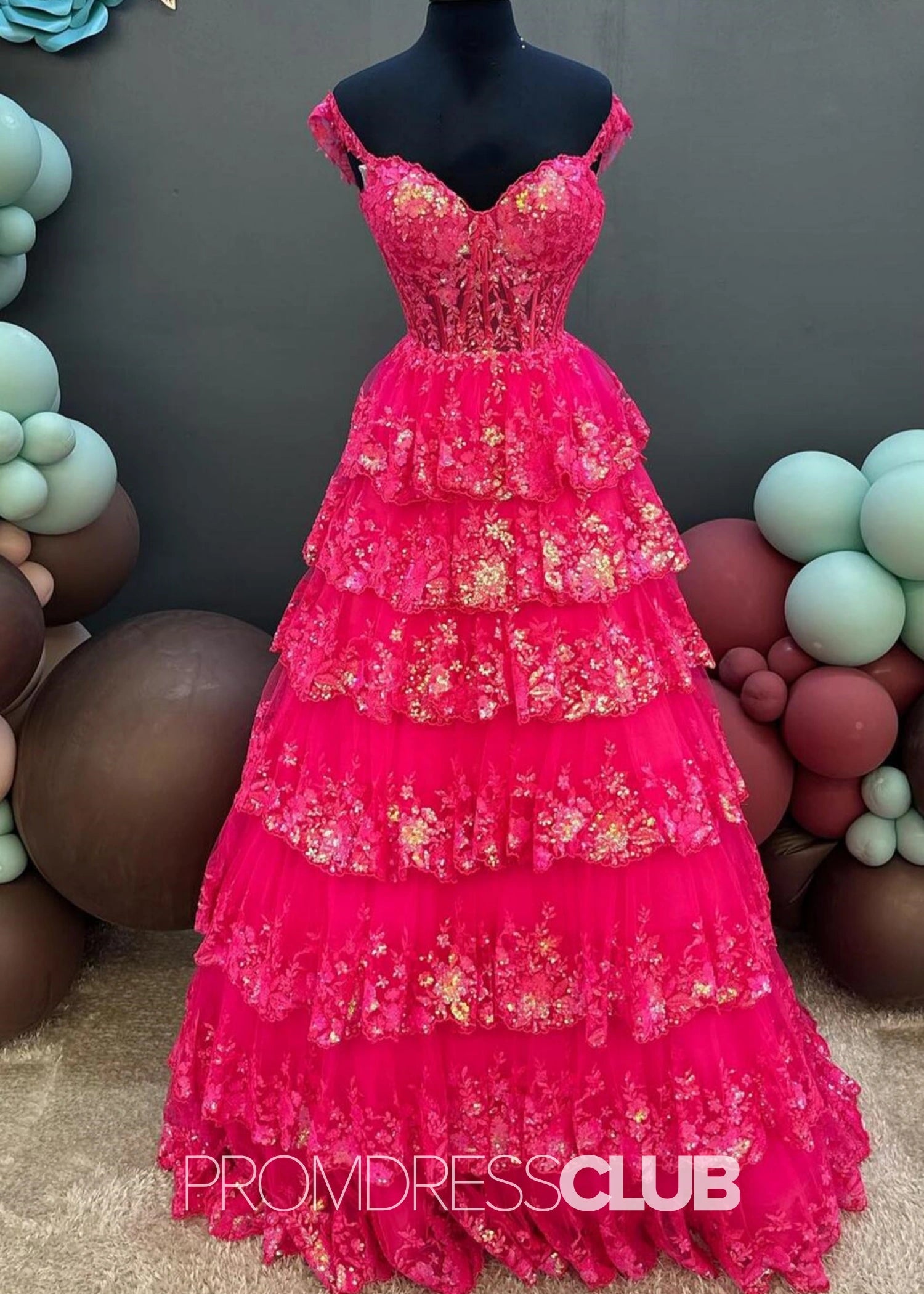 Kristin |Long Fuchsia Prom Dresses Near Me With A Line Off The Shoulder Sequin Tiered Ruffle - Fuchsia - US0 - PromDressClub