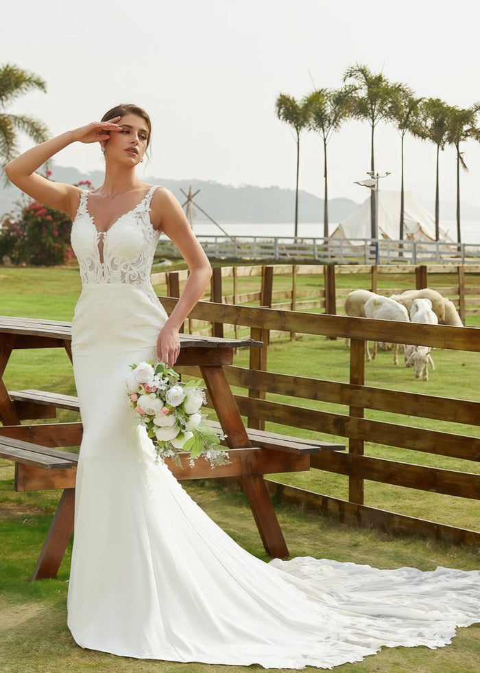 Kristin | Mermaid Scoop Neck Lace and Satin Wedding Dress with Long Train for Outdoor Weddings - Ivory - PromDressClub