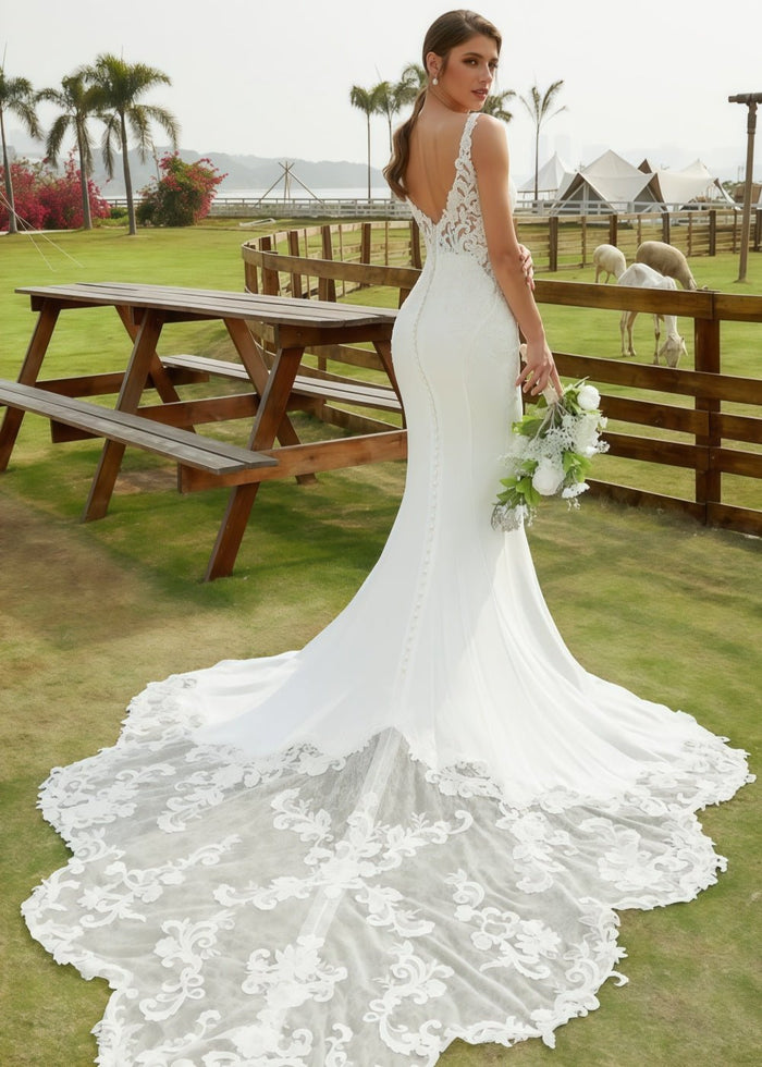 Kristin | Mermaid Scoop Neck Lace and Satin Wedding Dress with Long Train for Outdoor Weddings - Ivory - PromDressClub
