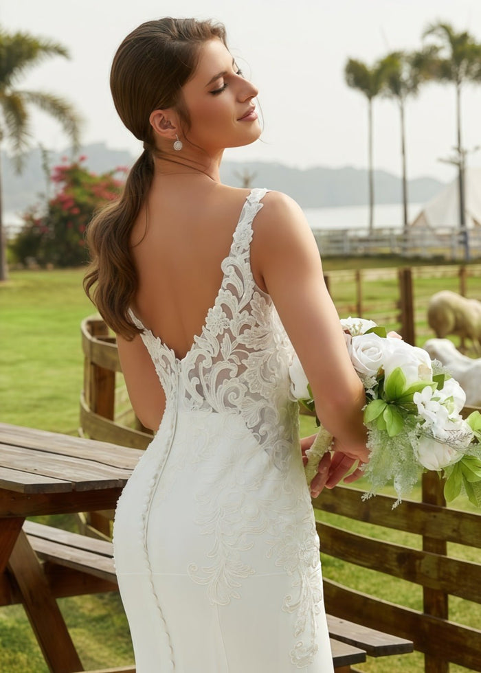 Kristin | Mermaid Scoop Neck Lace and Satin Wedding Dress with Long Train for Outdoor Weddings - Ivory - PromDressClub