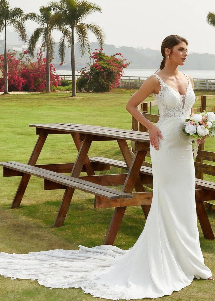 Kristin | Mermaid Scoop Neck Lace and Satin Wedding Dress with Long Train for Outdoor Weddings - Ivory - PromDressClub