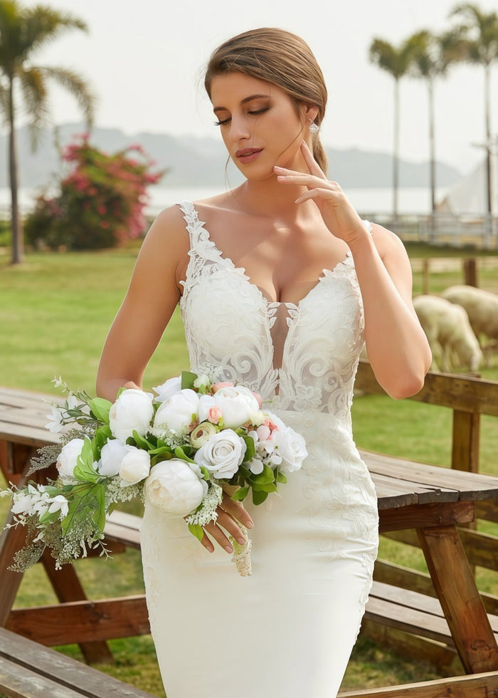 Kristin | Mermaid Scoop Neck Lace and Satin Wedding Dress with Long Train for Outdoor Weddings - Ivory - PromDressClub