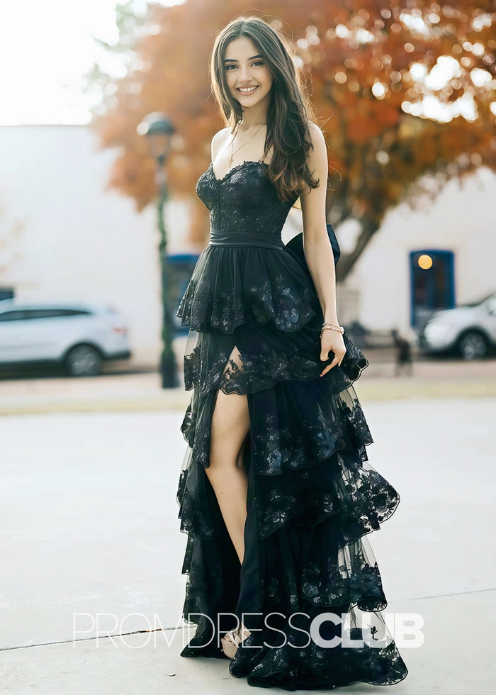 Hazel | Lace Appliques Ruffle Black Prom Dresses - Black - PromDressClub
