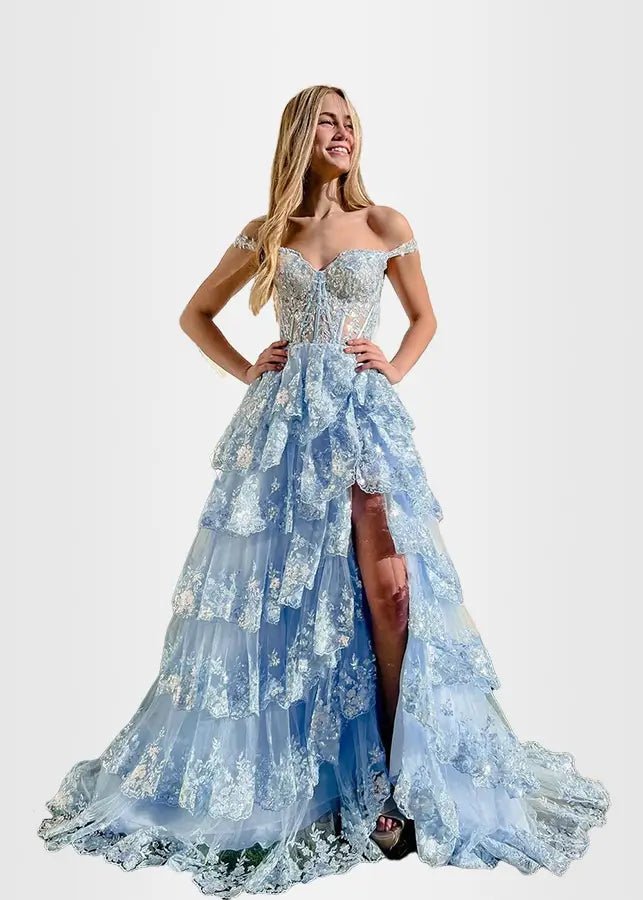 Lydia |Lace Ruffles A Line Blue Princess Off the Shoulder Prom Dress With Corset - Blue - US0 - PromDressClub