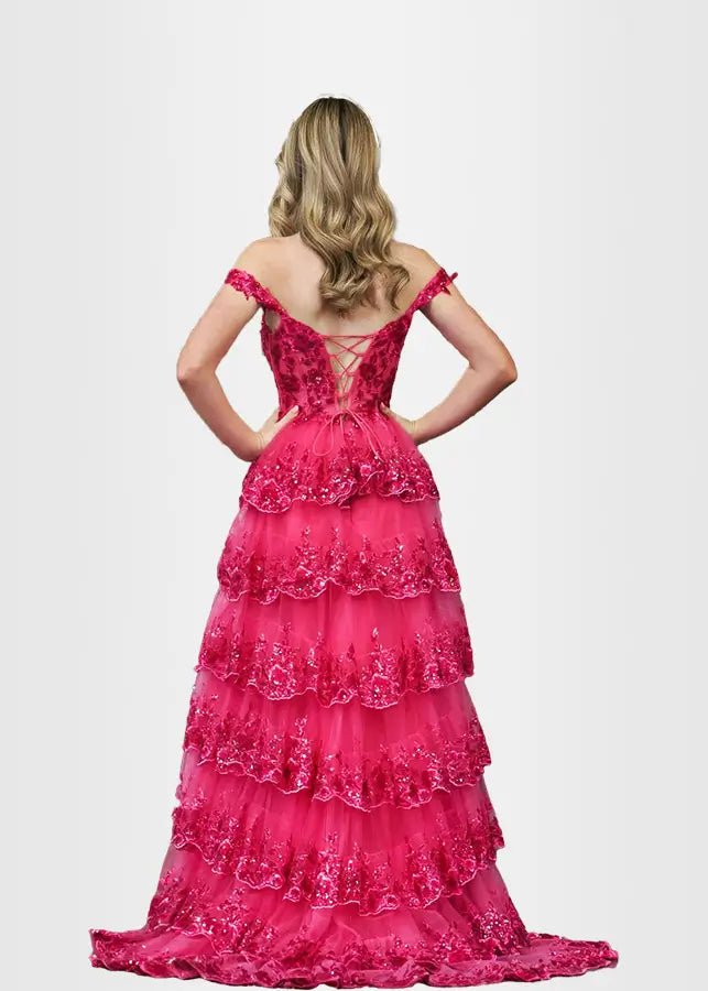 Lydia |Lace Ruffles A Line Blue Princess Off the Shoulder Prom Dress With Corset - Fuchsia - US0 - PromDressClub