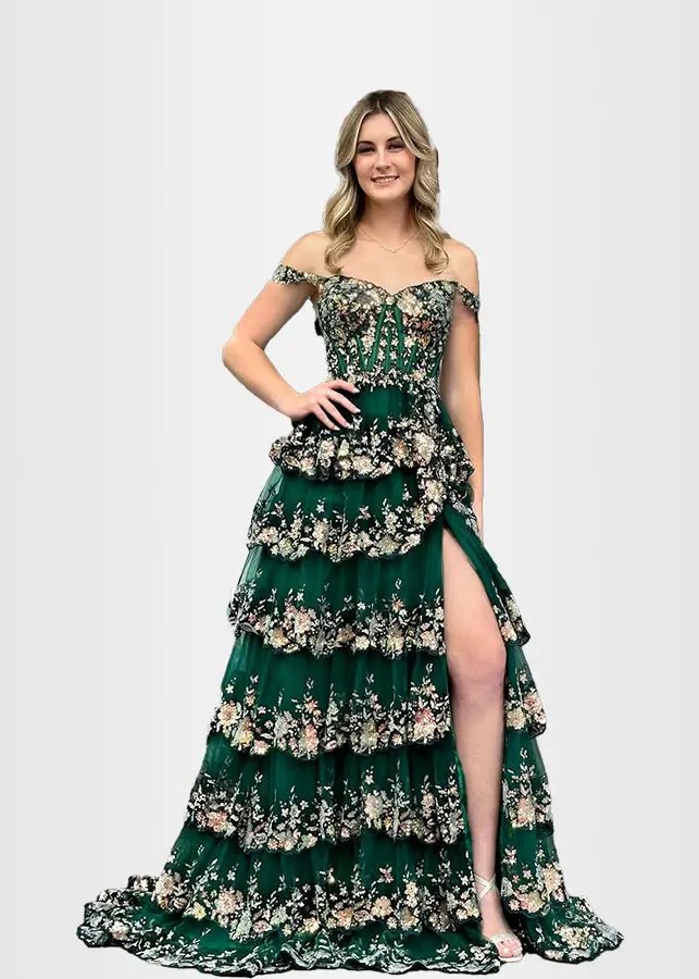 Lydia |Lace Ruffles A Line Blue Princess Off the Shoulder Prom Dress With Corset - Green - US0 - PromDressClub