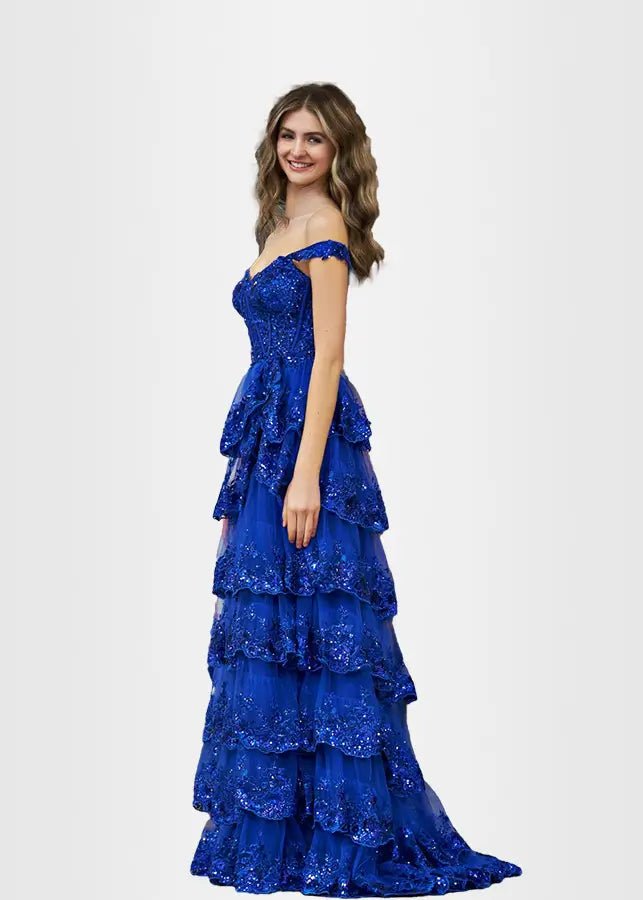 Lydia |Lace Ruffles A Line Blue Princess Off the Shoulder Prom Dress With Corset - Royal Blue - US0 - PromDressClub