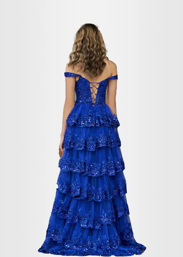 Lydia |Lace Ruffles A Line Blue Princess Off the Shoulder Prom Dress With Corset - Royal Blue - US0 - PromDressClub