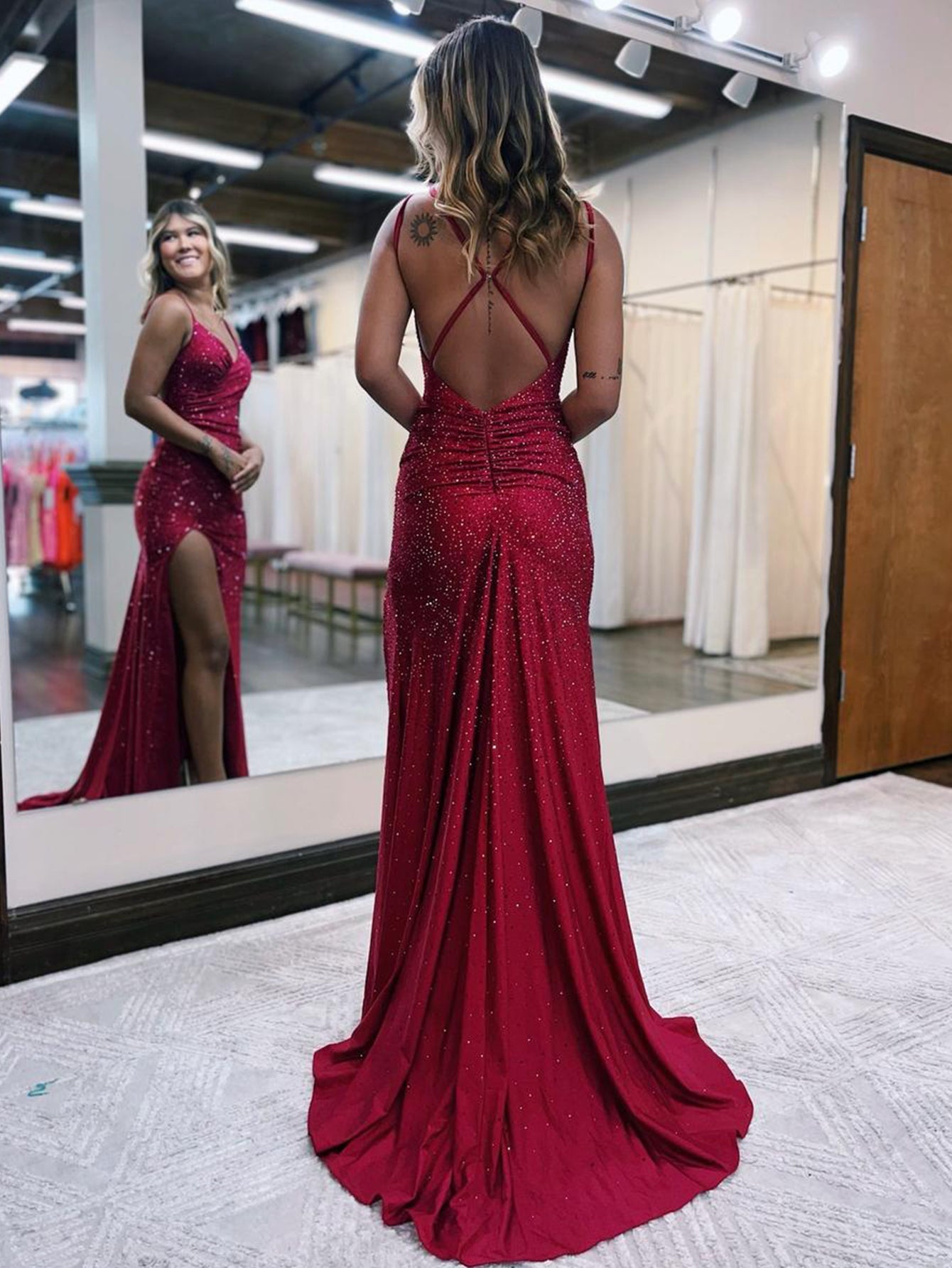 Laura |Mermaid Long Red Prom Dress Jersey Beaded V Neck with Slit - Red - US0 - PromDressClub