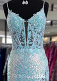 Laurel | Mermaid Sparkly Spaghetti Straps Aqua Sequin Long Prom Dress - Aqua - PROMDRESS Club