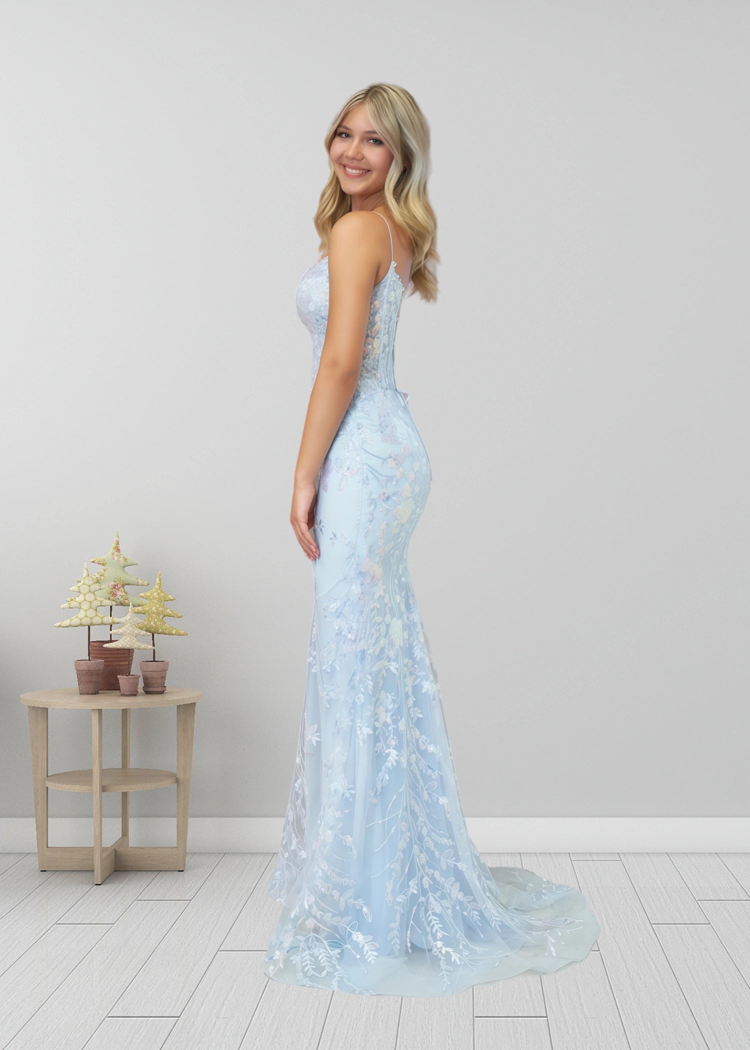 Laurel |Mermaid Straps Light Blue V - Neck Sequin Appliques Long Prom Dress - Sky Blue - US0 - PromDressClub