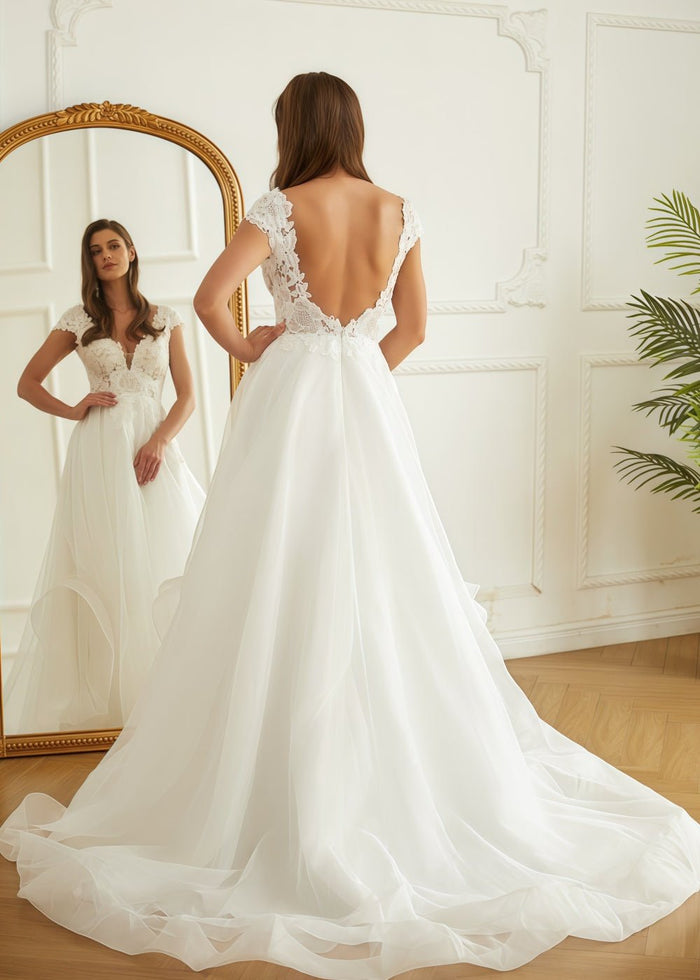 Lauren | Elegant Lace and Organza V Neck Short Sleeve Wedding Dress with Court Train - White - PromDressClub