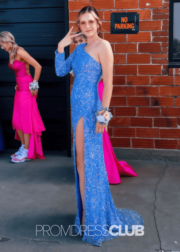 Lauren |Long Gold Prom Dresses Shops With Stunning Sequins Mermaid One Sleeve Slit - Price #price_variant_lowest# - Blue - PromDressClub