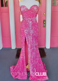 Lee |Hot Pink Prom Dresses Near Me With Sparkle Sequin Mermaid Sweetheart High Slit - Hot Pink - US0 - PromDressClub