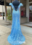 Leila | Mermaid Feather Appliques Blue Sequin Long Prom Dress - Blue - PROMDRESS Club