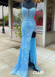 Leila | Mermaid Feather Appliques Blue Sequin Long Prom Dress - Blue - PROMDRESS Club