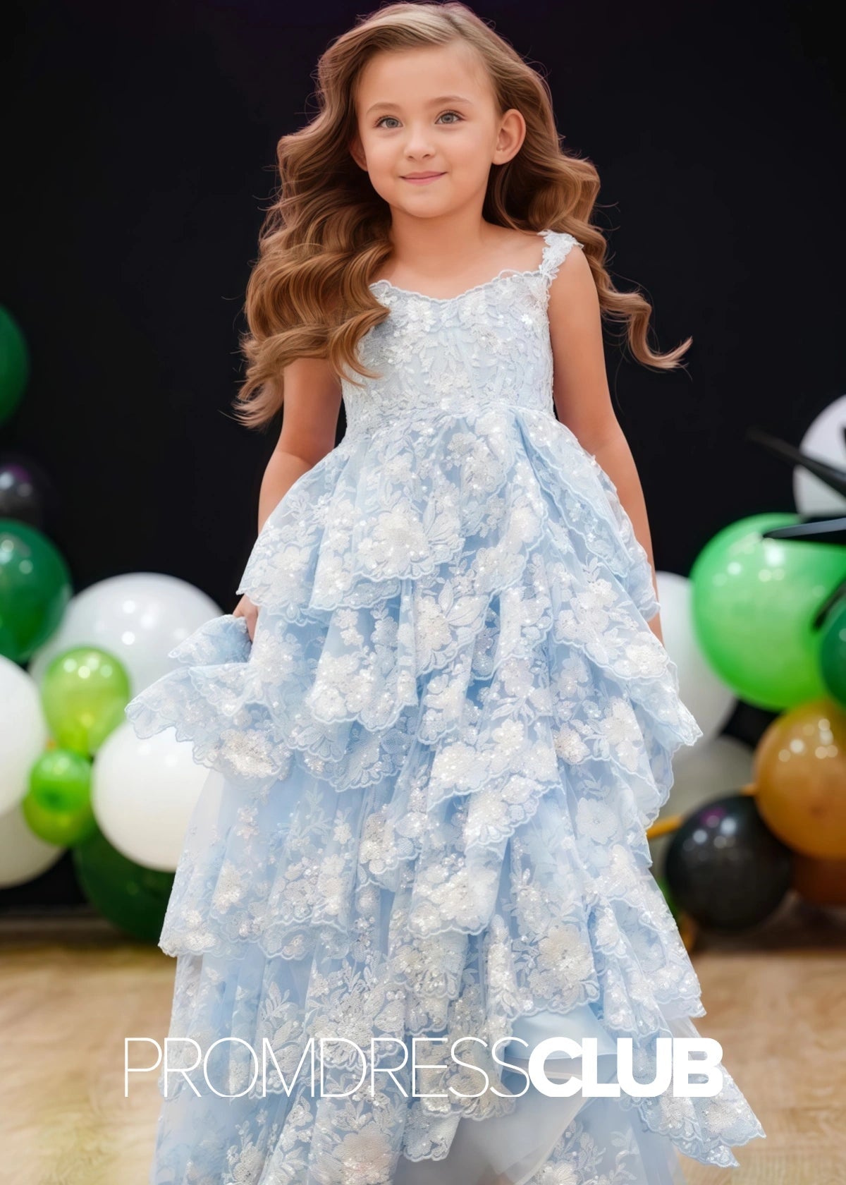 Leila | Sequin Ruffle Light Blue Long Pageant Dresses for Girls - Light Blue - PromDressClub