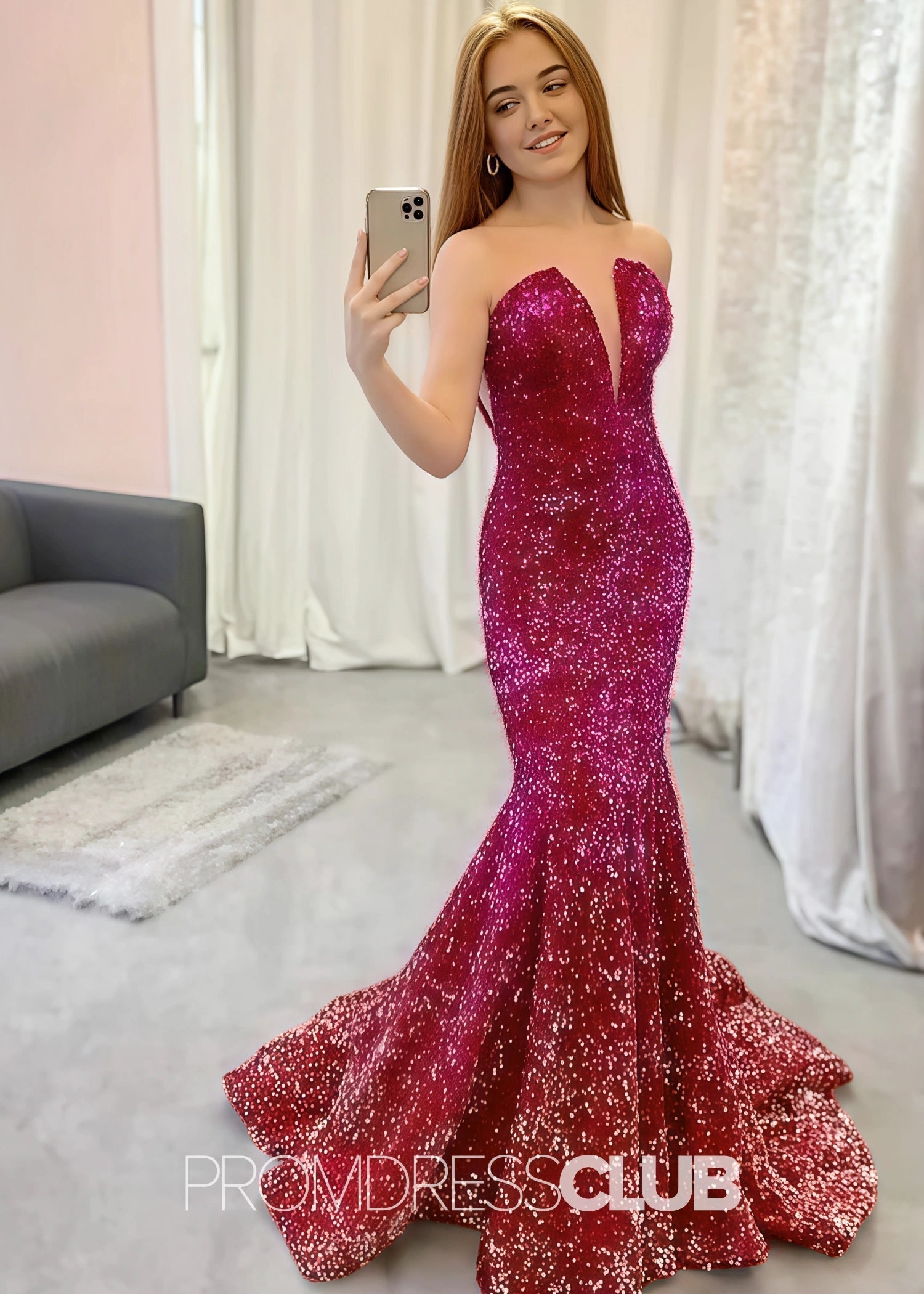 Lesley |Long Green Prom Dresses Near Me With Sequin Strapless V Neck Mermaid - Red - US0 - PromDressClub