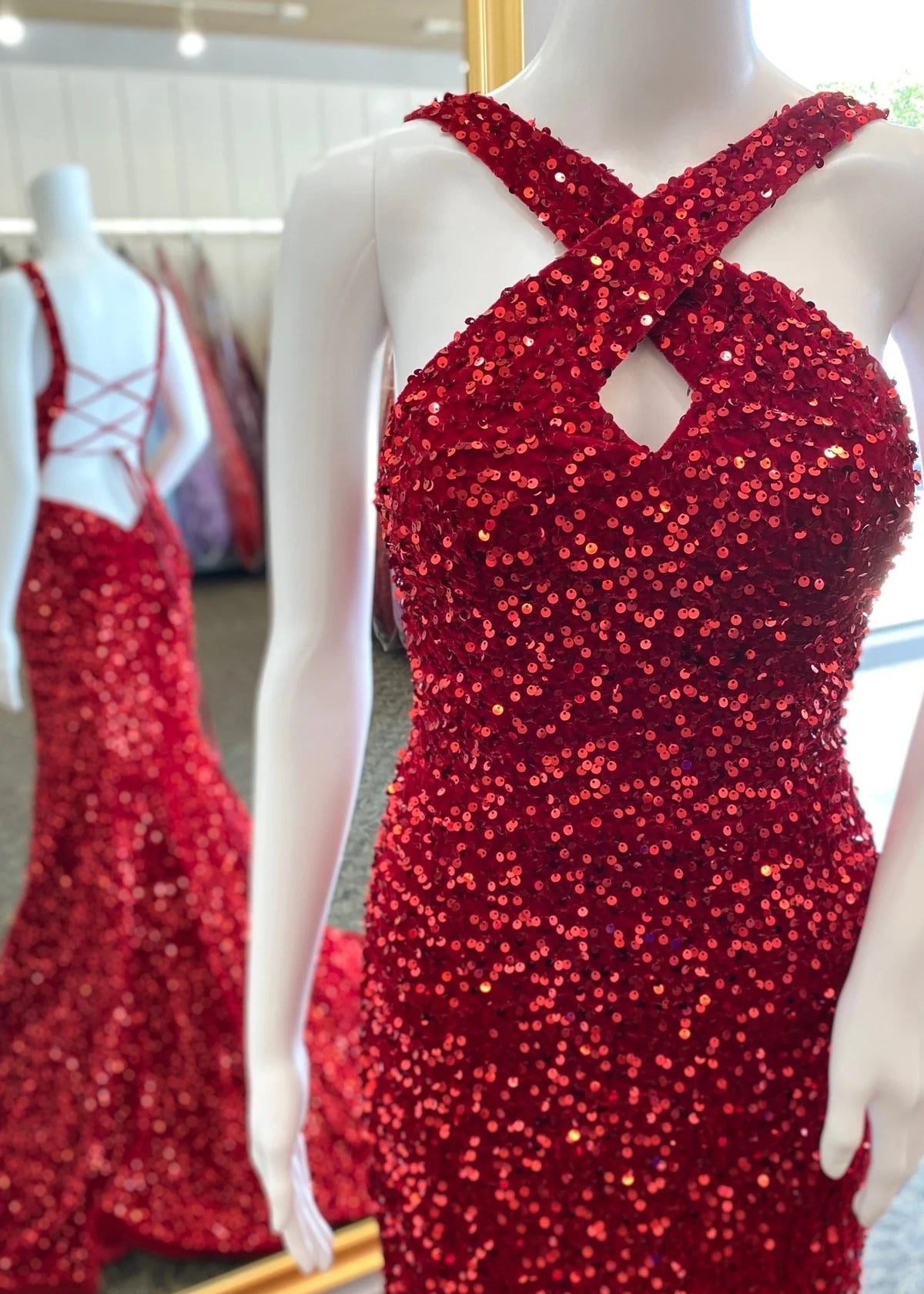 Lesley | Mermaid Cross Front Red Sequin Long Prom Dress - Red - PROMDRESS Club