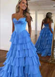 Lesley|A - Line Sweetheart Chiffon Corset Ruffled Long Blue Prom Dress with Slit - Blue - US0 - PromDressClub