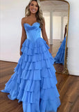 Lesley|A - Line Sweetheart Chiffon Corset Ruffled Long Blue Prom Dress with Slit - Blue - US0 - PromDressClub