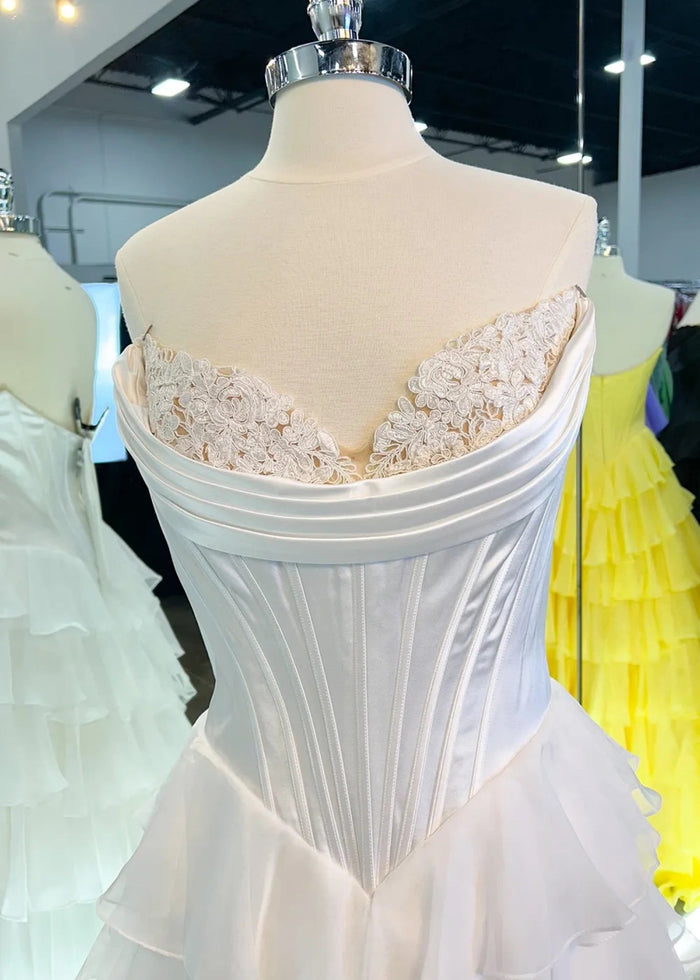 Lesley|A - Line Sweetheart Chiffon Corset Ruffled Long Blue Prom Dress with Slit - White - PromDressClub