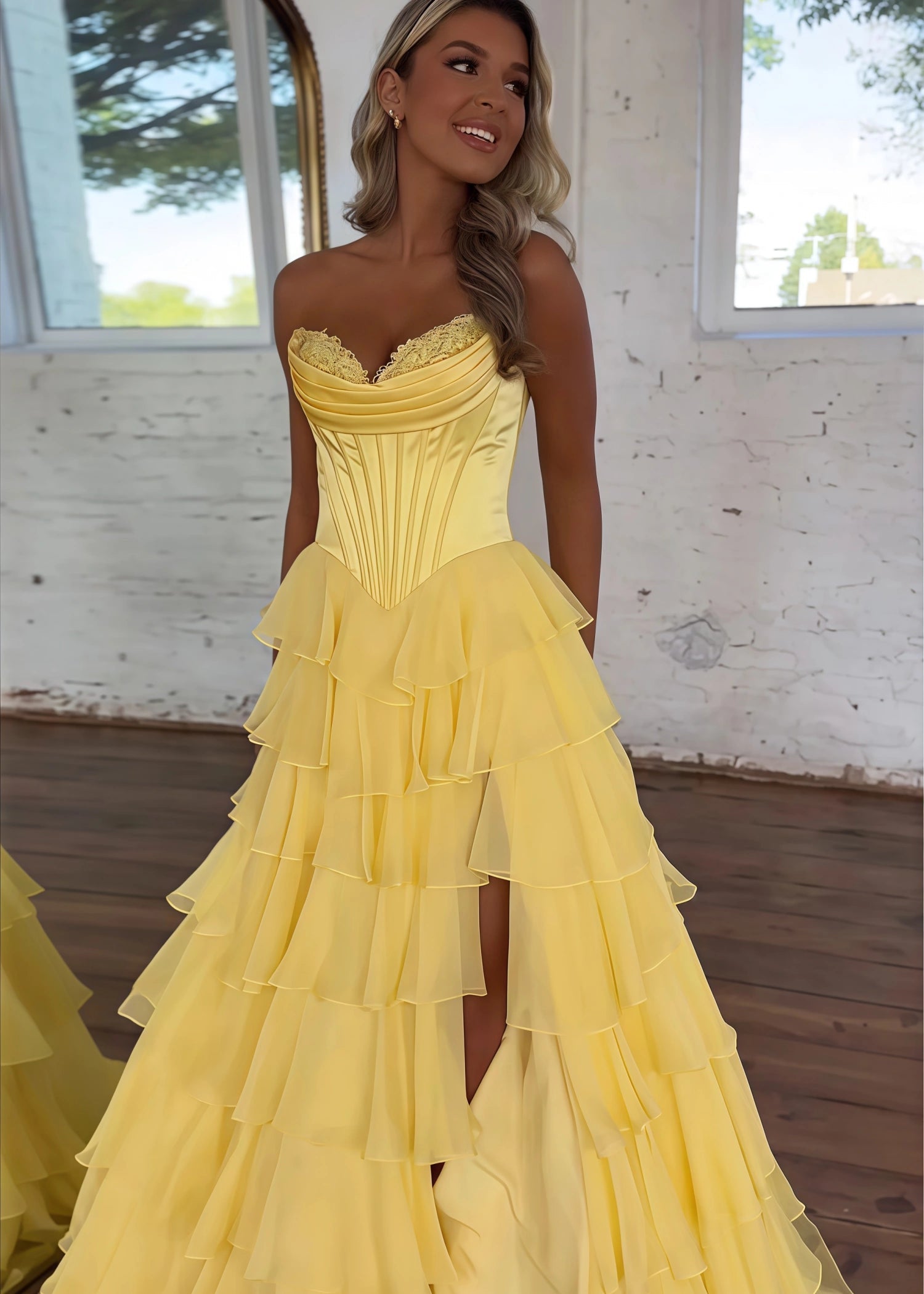 Lesley|A - Line Sweetheart Chiffon Corset Ruffled Long Blue Prom Dress with Slit - Yellow - US0 - PromDressClub