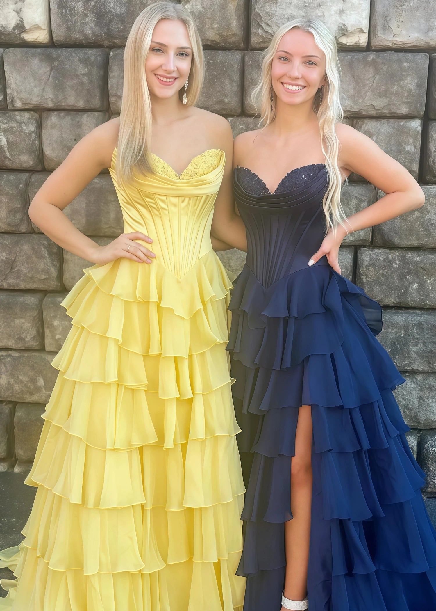 Lesley|A - Line Sweetheart Chiffon Corset Ruffled Long Blue Prom Dress with Slit - Yellow - US0 - PromDressClub