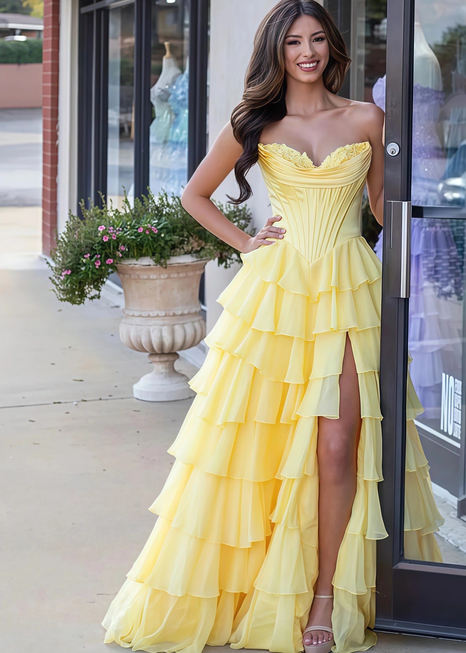 Lesley|A - Line Sweetheart Chiffon Corset Ruffled Long Blue Prom Dress with Slit - Yellow - US0 - PromDressClub