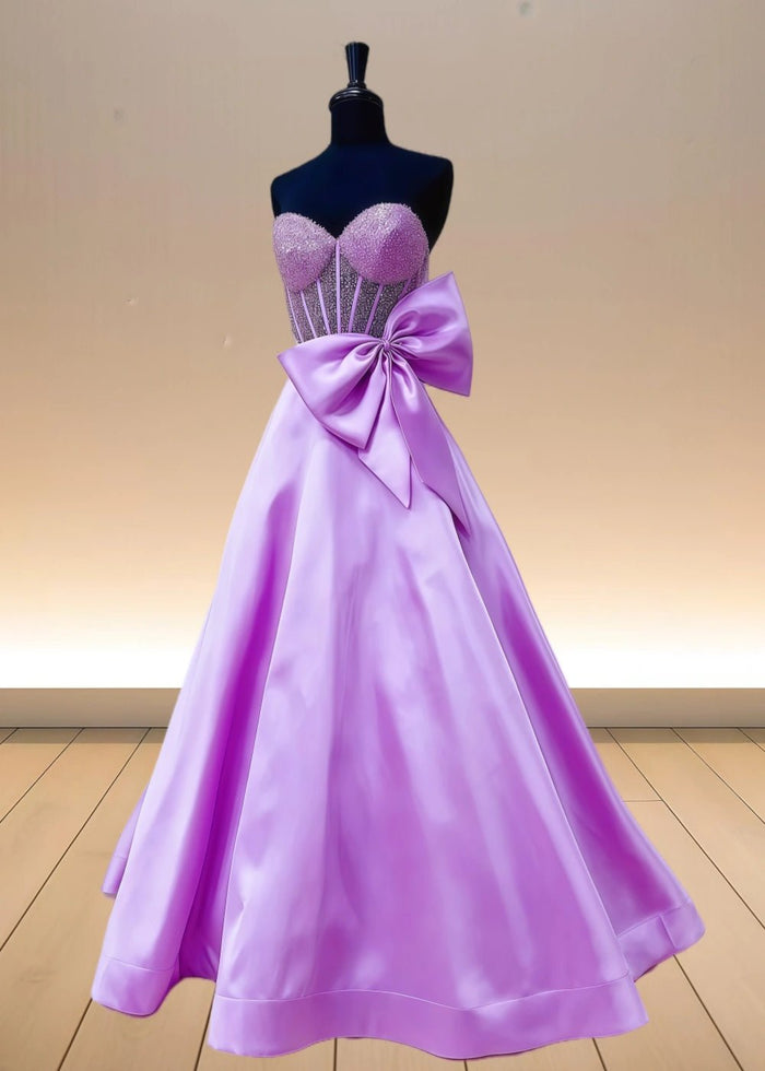 Bridget | Light Blue Strapless Corset Beaded Formal Dress with Bow - Lilac - PromDressClub