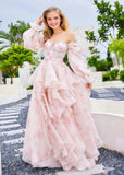 Light Pink Strapless Off the Shoulder Long Sleeve Formal Dress - Light Pink Floral - PromDressClub