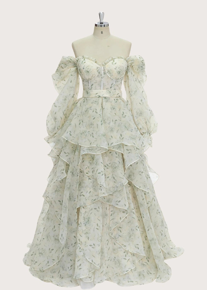 Light Pink Strapless Off the Shoulder Long Sleeve Formal Dress - Sage Floral - PromDressClub