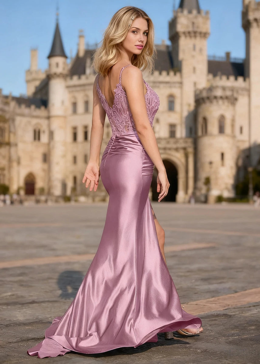Lila Dusty Rose Mermaid Lace Beaded Prom Dress | Spaghetti Straps V - Neck Pleated Satin Dress with Slit - US0 - PromDressClub