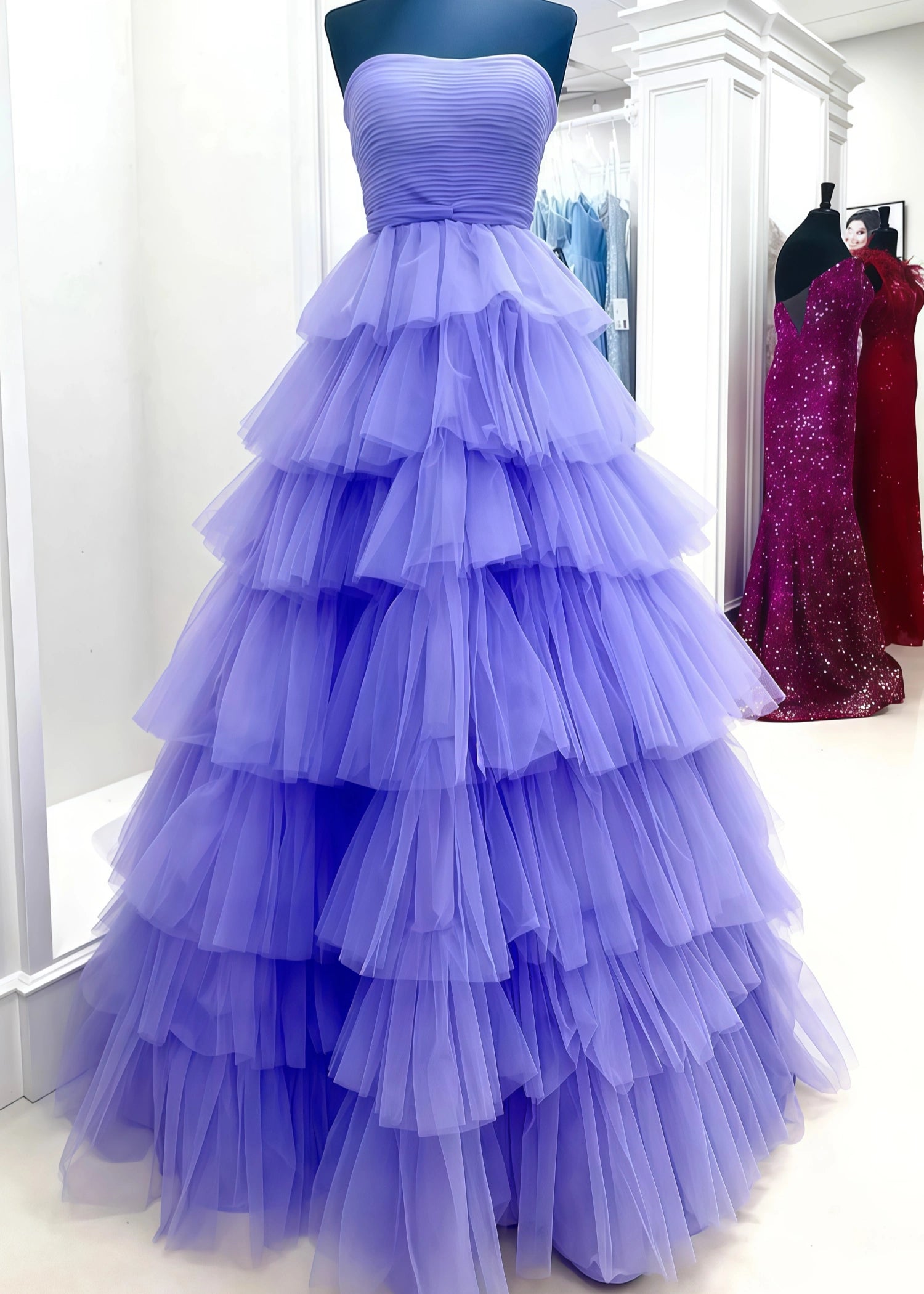 Lillian |A Line Straight Hot Pink Long Prom Dress with Ruffles - Purple - US0 - PromDressClub