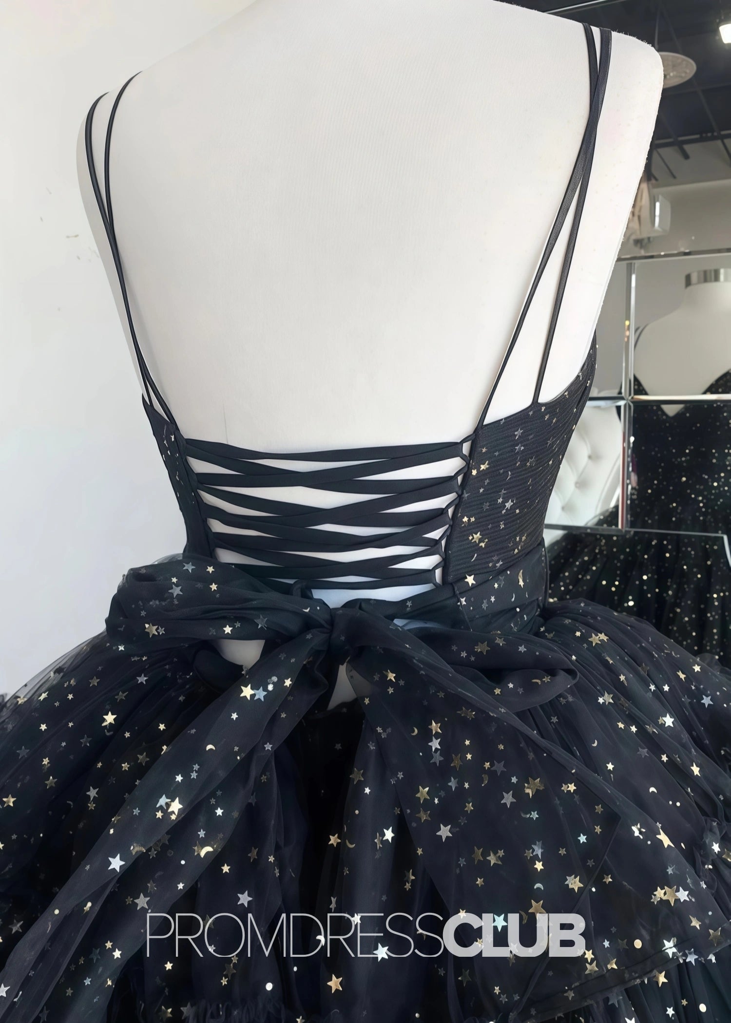 Lillian |Black Long Prom Dresses Near Me With A Line Spaghetti Straps Tiered Tulle High Low - Price #price_variant_lowest# - Black - PromDressClub