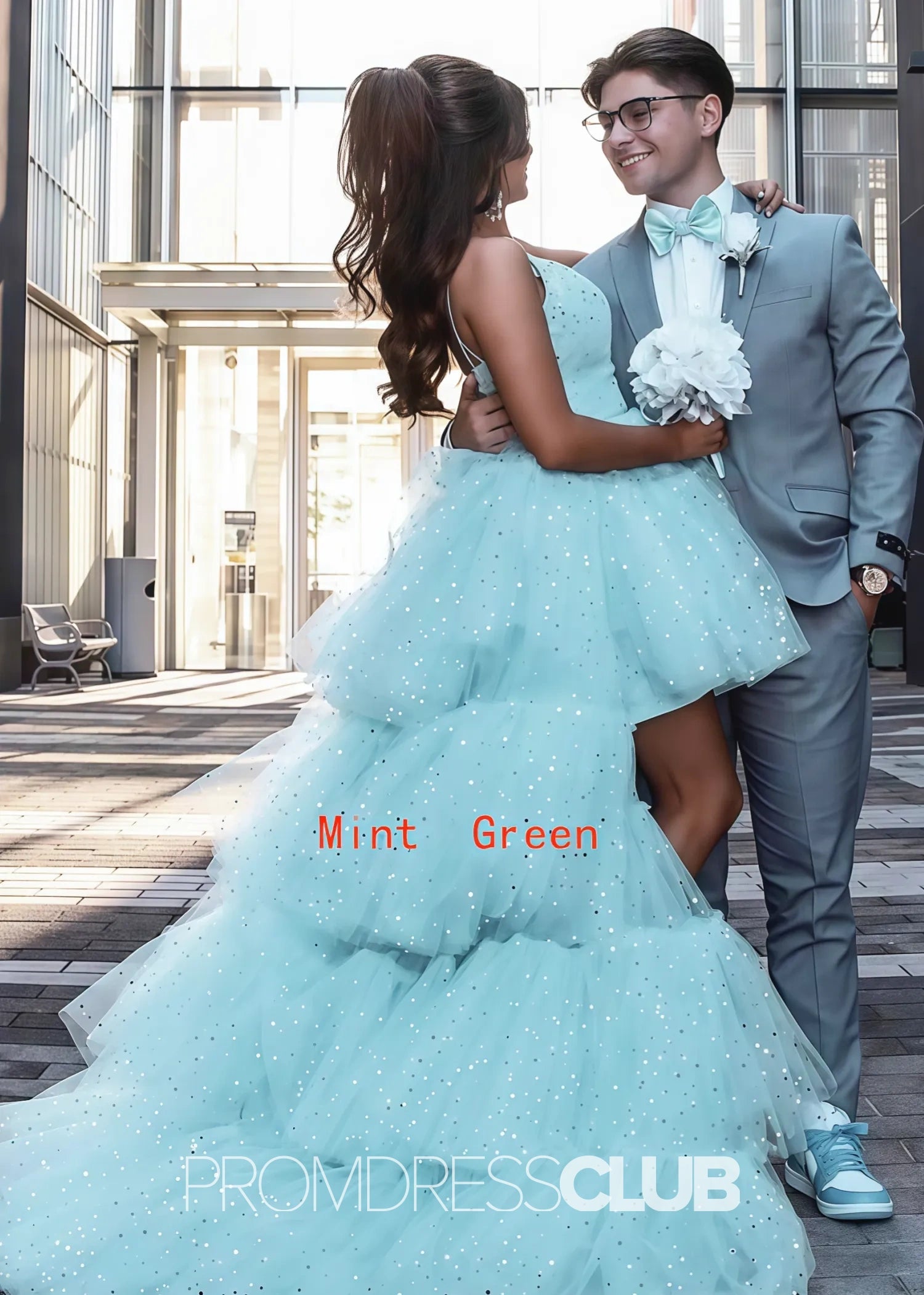 Lillian |Black Long Prom Dresses Near Me With A Line Spaghetti Straps Tiered Tulle High Low - Price #price_variant_lowest# - Green - PromDressClub